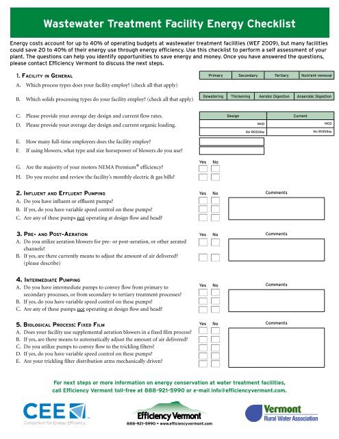 Wastewater Facility Energy Checklist for Self-Assessment