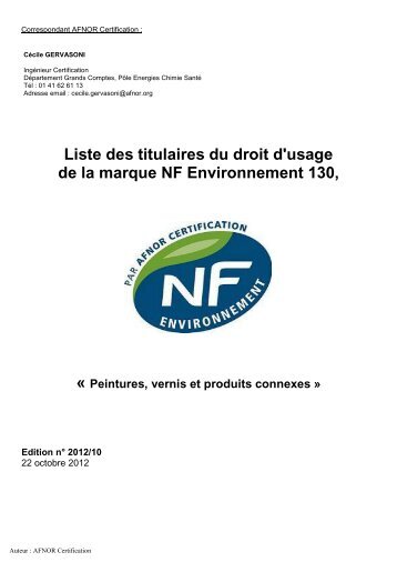 Liste des titulaires du droit d'usage de la marque NF Environnement ...