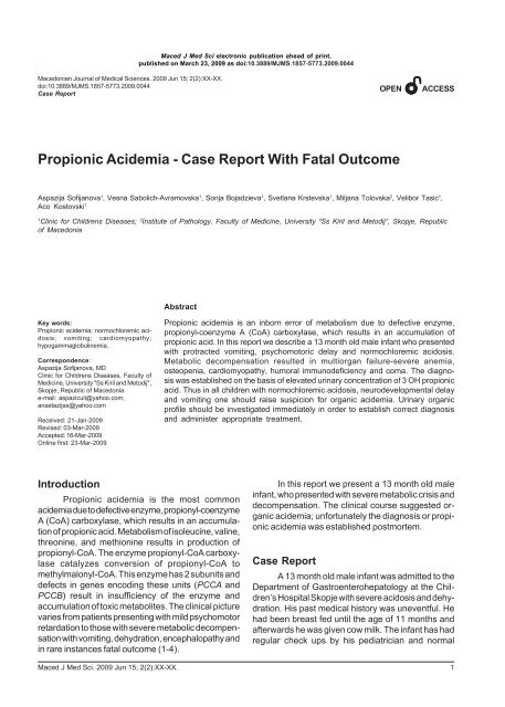 Propionic Acidemia - Case Report With Fatal Outcome