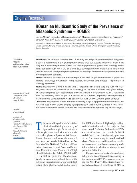 Romanian Multicentric Study of the Prevalence of Metabolic Syndrome