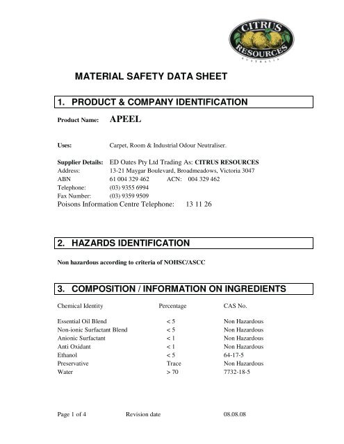 MATERIAL SAFETY DATA SHEET APEEL - Earth Basics