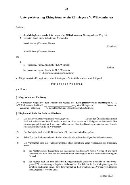 Unterpachtvertrag Kleingartnerverein Rustringen E V Wilhelmshaven
