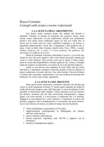 Rocco Coronato, Consigli sulla tesina e norme redazionali
