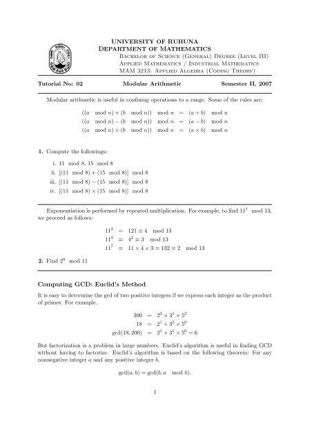 Computing GCD: Euclid's Method - Department of Mathematics