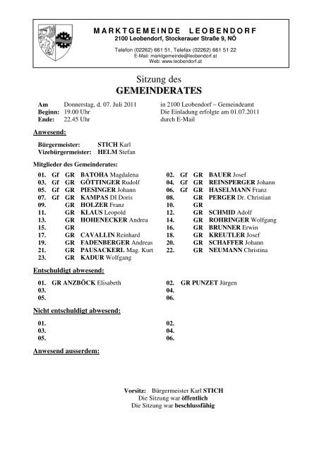 Sitzung des GEMEINDERATES - Marktgemeinde Leobendorf