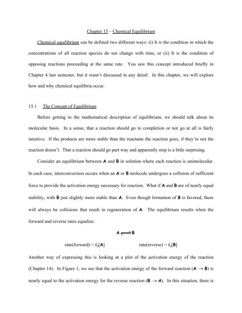 Chapter 15 – Chemical Equilibrium