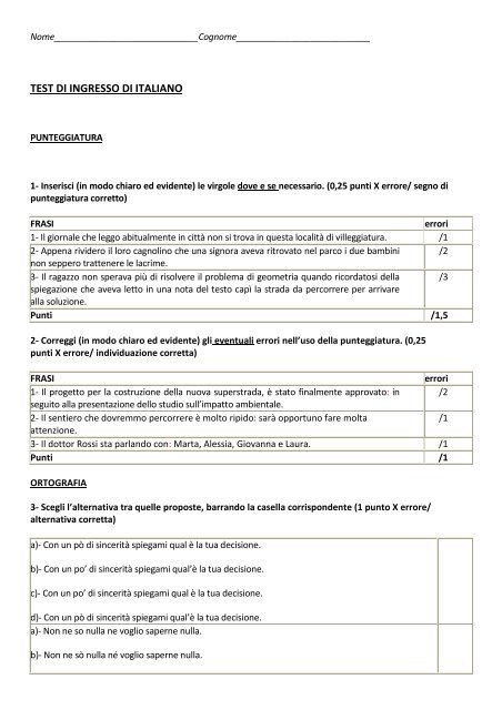 TEST DI INGRESSO DI ITALIANO