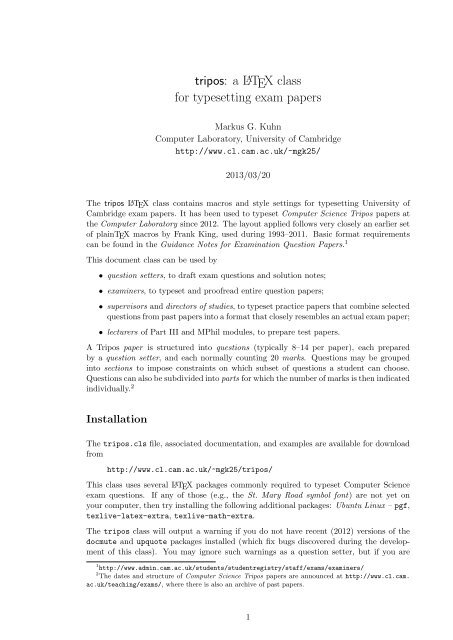 tripos:aLATEX class for typesetting exam papers - The Computer ...