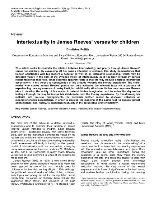 Intertextuality in James Reeves' verses for children - Academic ...