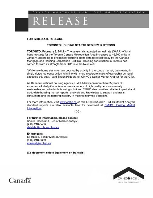 Toronto Housing Starts Begin 2012 Strong - SCHL