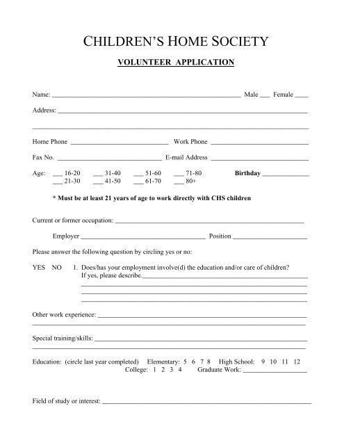 volunteer application - Children's Home Society