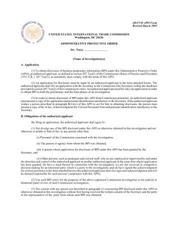 Administrative Protective Order - USITC