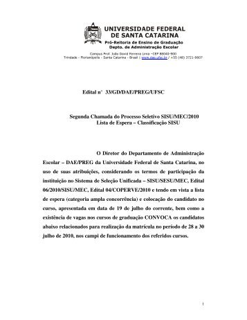 Edital nÂ° 33/GD/DAE/PREG/UFSC Segunda Chamada do Processo ...