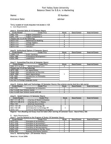 Fort Valley State University Balance Sheet for B.B.A. in Marketing ...