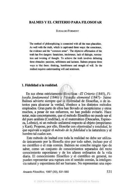 BALMES Y EL CRITERIO PARA FILOSOFAR 1. Fidelidad a la ...