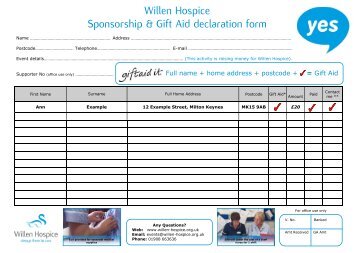 Willen Hospice Sponsorship & Gift Aid declaration form