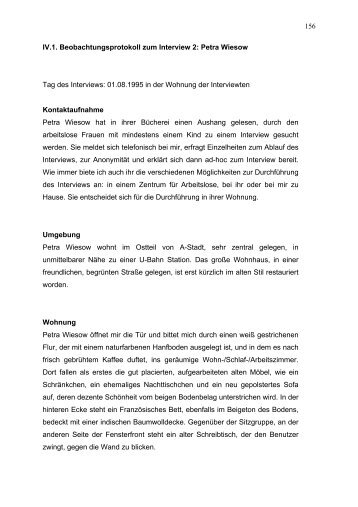 156 IV.1. Beobachtungsprotokoll zum Interview 2: Petra Wiesow Tag ...