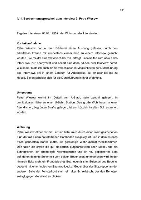 156 IV.1. Beobachtungsprotokoll zum Interview 2: Petra Wiesow Tag ...