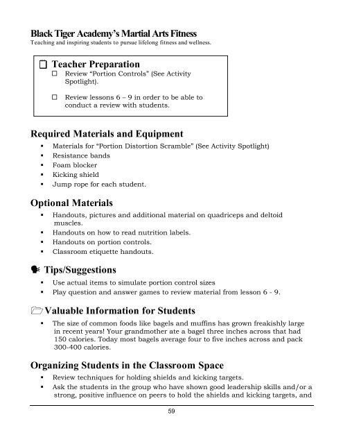 Goal of Lesson 10 - Physical Education for Body, Mind and Spirit