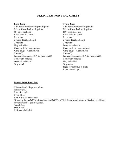 Track Meet Field Event Needs and Equipment Checklist