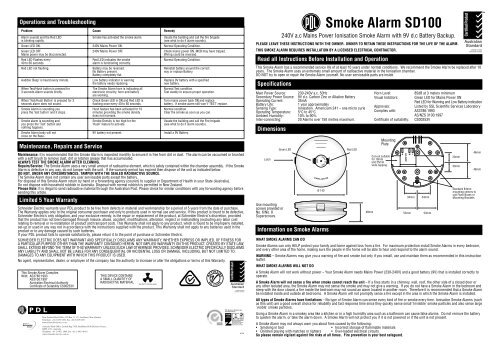SD100 Smoke Alarm Sheet PDL SD100 Smoke Alarm Sheet PDL
