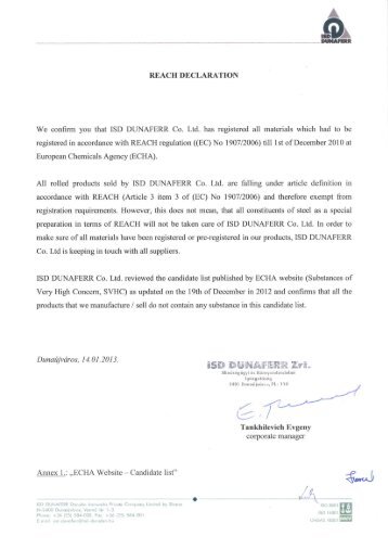 REACH & RoHS Compliance Declaration Letter