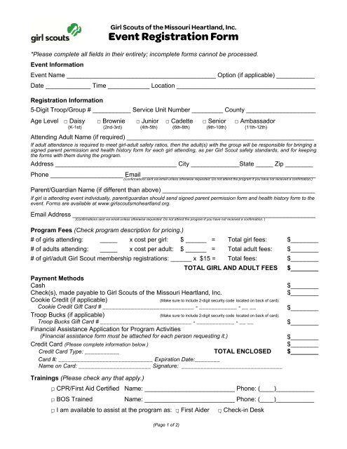 Event Registration Form - Girl Scouts of the Missouri Heartland