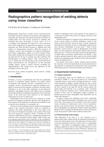 Radiographics pattern recognition of welding defects using linear ...