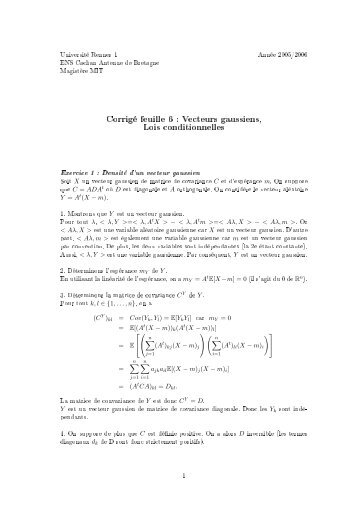 CorrigÃ© feuille 6 : Vecteurs gaussiens, Lois conditionnelles - ENS de ...