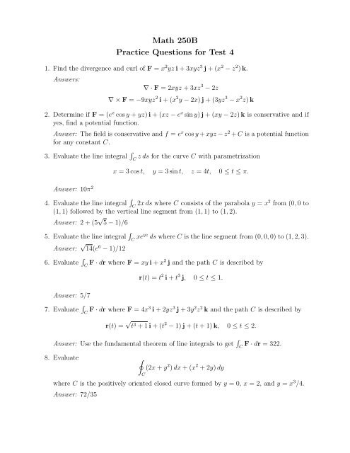 Math 250b Practice Questions For Test 4