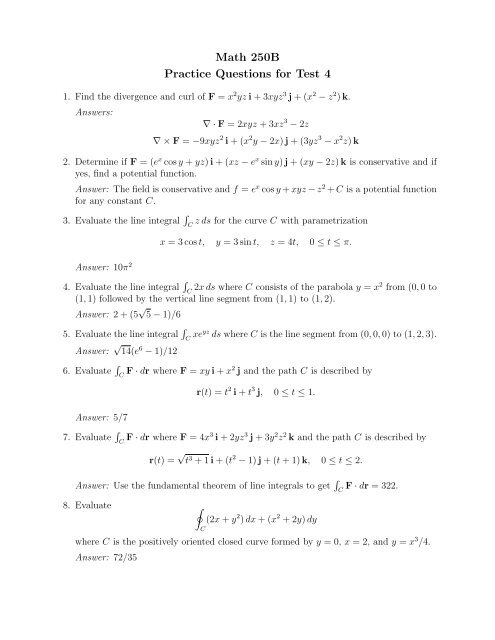 Math 250B Practice Questions for Test 4