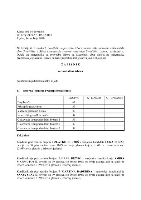 Zapisnik o rezultatima izbora za Studentski zbor SveuÃ„ÂiliÃ…Â¡ta u Rijeci