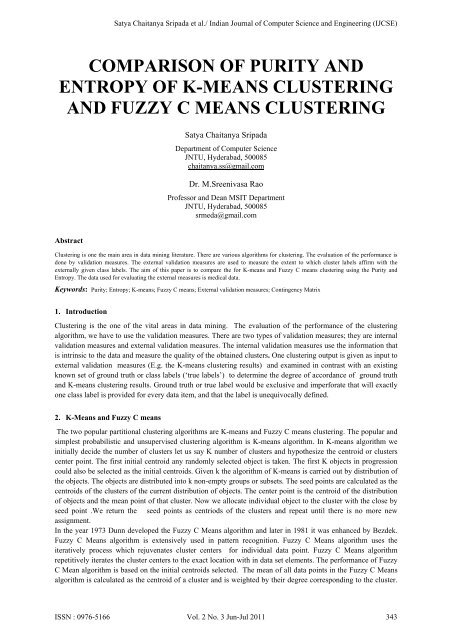 comparison of purity and entropy of k-means clustering