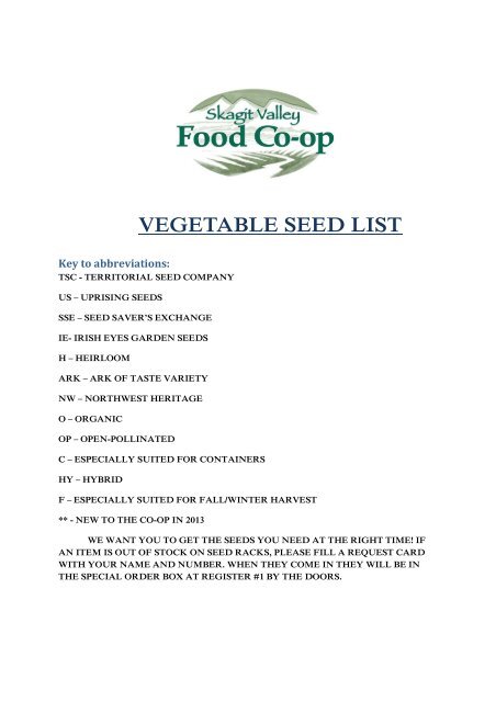 Vegetable Seed List Skagit Valley Food Co Op