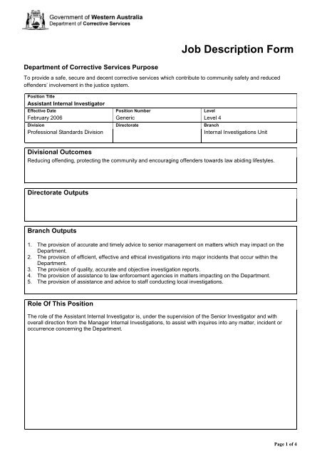 Job Description Form - Department of Corrective Services