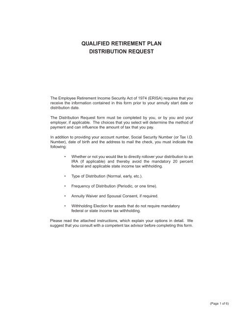 Qualified Plan Participant Distribution Form