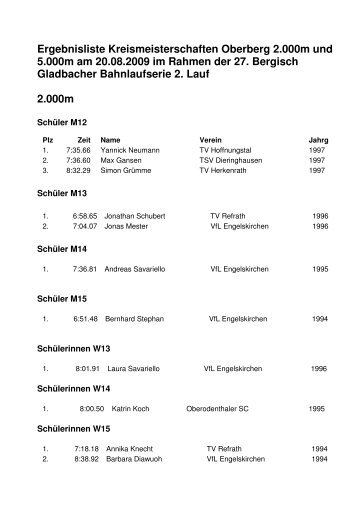 Ergebnisliste Kreismeisterschaften Oberberg 2.000 ... - LVN Oberberg