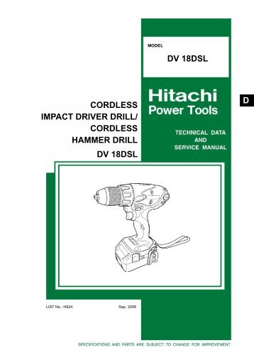 Model DV 18DSL CORDLESS IMPACT DRIVER DRILL - Hitachi