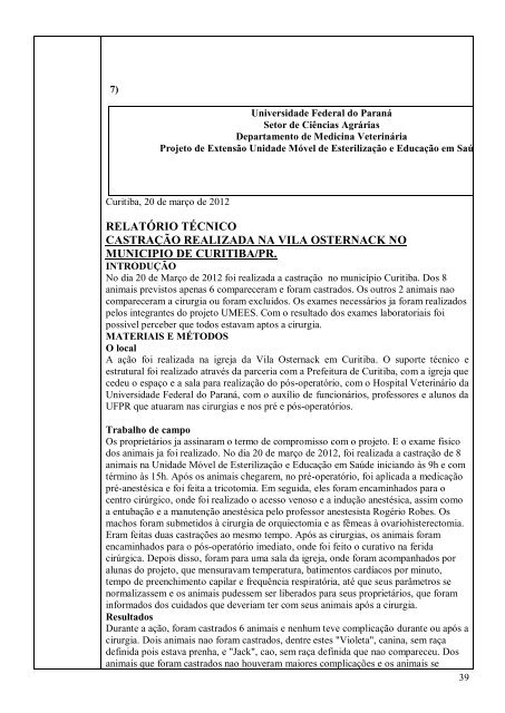 RelatÃ³rio Final 2012 - Zoonoses - Universidade Federal do ParanÃ¡