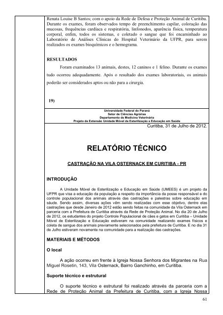 RelatÃ³rio Final 2012 - Zoonoses - Universidade Federal do ParanÃ¡