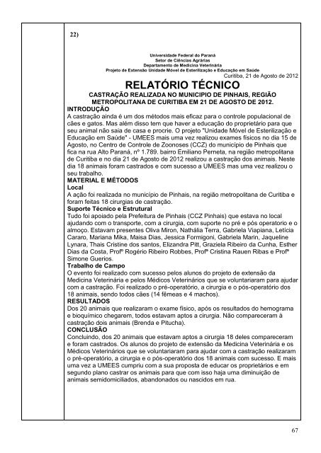 RelatÃ³rio Final 2012 - Zoonoses - Universidade Federal do ParanÃ¡
