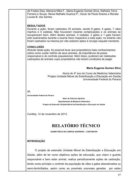 RelatÃ³rio Final 2012 - Zoonoses - Universidade Federal do ParanÃ¡