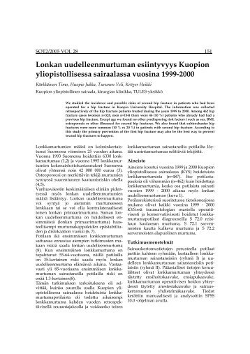 Lonkan uudelleenmurtuman esiintyvyys Kuopion yliopistollisessa ...