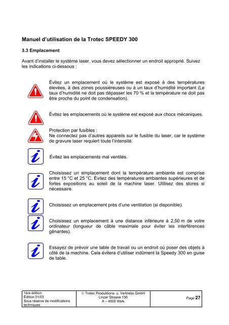 MANUEL D'UTILISATION 8011 Trotec Speedy 300 ... - Trotec Laser