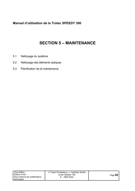 MANUEL D'UTILISATION 8011 Trotec Speedy 300 ... - Trotec Laser