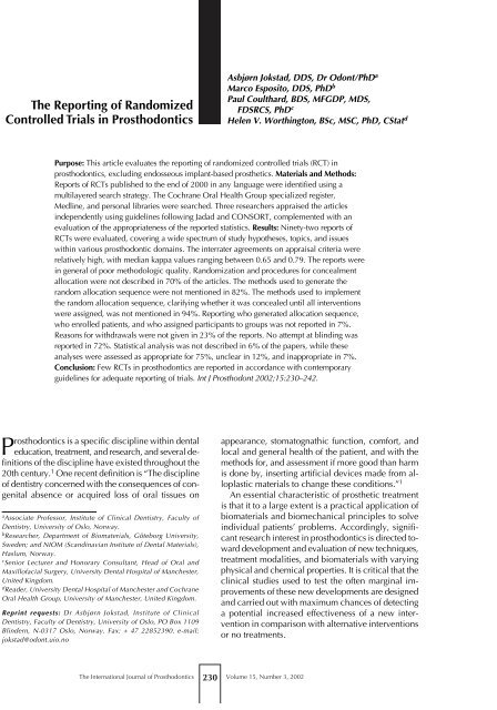 The Reporting Of Randomized Controlled Trials In Prosthodontics