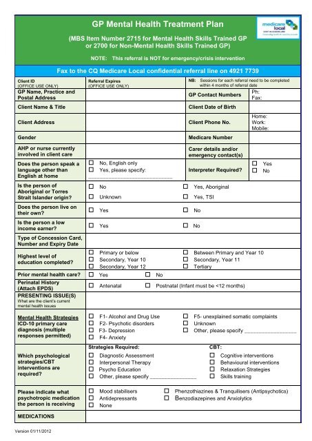 Gp Mental Health Care Plan mbs Item Number 2710 Quetools