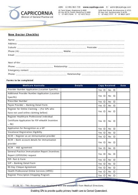 New Doctor Checklist - Quetools