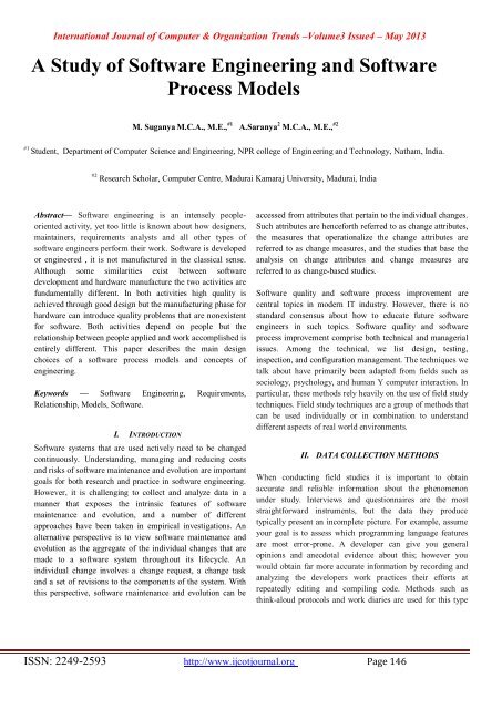 A Study of Software Engineering and Software Process Models - ijcot