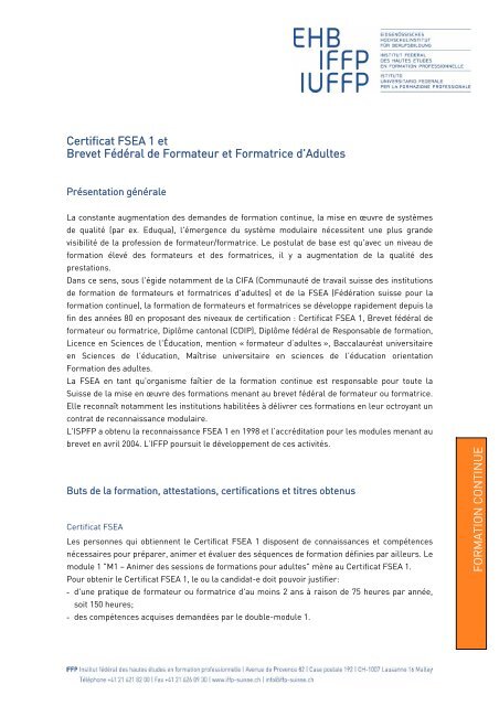 FORMATION CONTINUE Certificat FSEA 1 et Brevet FÃ©dÃ©ral ... - EHB